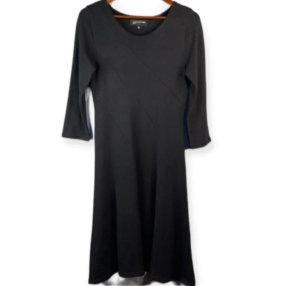 JONES NEW YORK Knit Sweater Dress Black Midi 3/4 Sleeve Fit Flare Witchy M - Picture 2 of 10